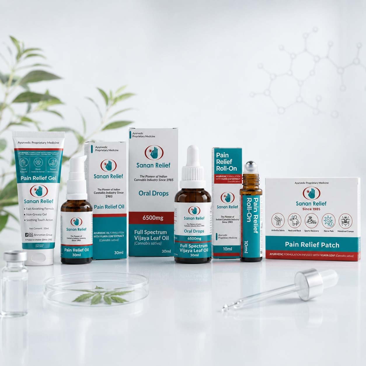 Sanan Relief Vijaya product range: Pain Relief Gel, Pain Relief Oil, Full Spectrum Vijaya Leaf Oral Drops, Roll-On and Pain Relief Patch